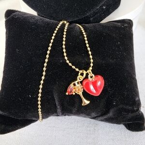 Delicate Gold Charm Necklace Red Stone Heart and Red Wine Glass